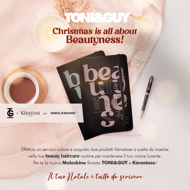 Christmas is all about Beautyness. Scopri le nuove Moleskine firmate TONI&GUY e Kérastase, in regalo nei saloni TONI&GUY Italia. 22 Novembre 2024